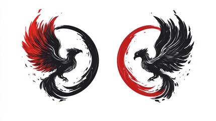 Dual Phoenix Designs: Red and Black Birds in Circular Frames