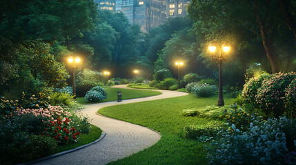 Fototapeta premium A green grassy park with winding paths, street lights and flowers in the city