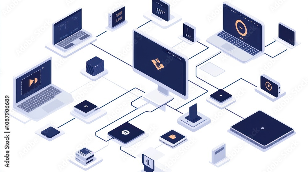 Aufkleber an isometric illustration of a network of interconnected computers and devices, symbolizing the conn