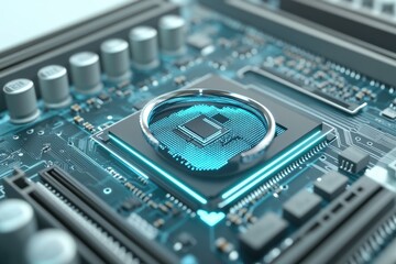 A detailed view of a computer motherboard with various components and wires