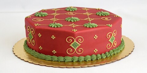 Octagonal Cake with S Patterns An octagonal cake with a smooth red exterior featuring s scales embossed in gold. Small finely detailed green ss curl around each corner.