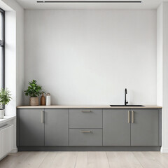 Modern Flat Minimalist Kitchen Interior with Blank Wall Mockup