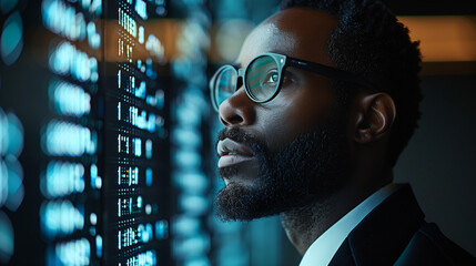 AI cyber security threat illustration, black african american man working in computer monitor lab, IT specialist, artificial intelligence in hacking coding & online security