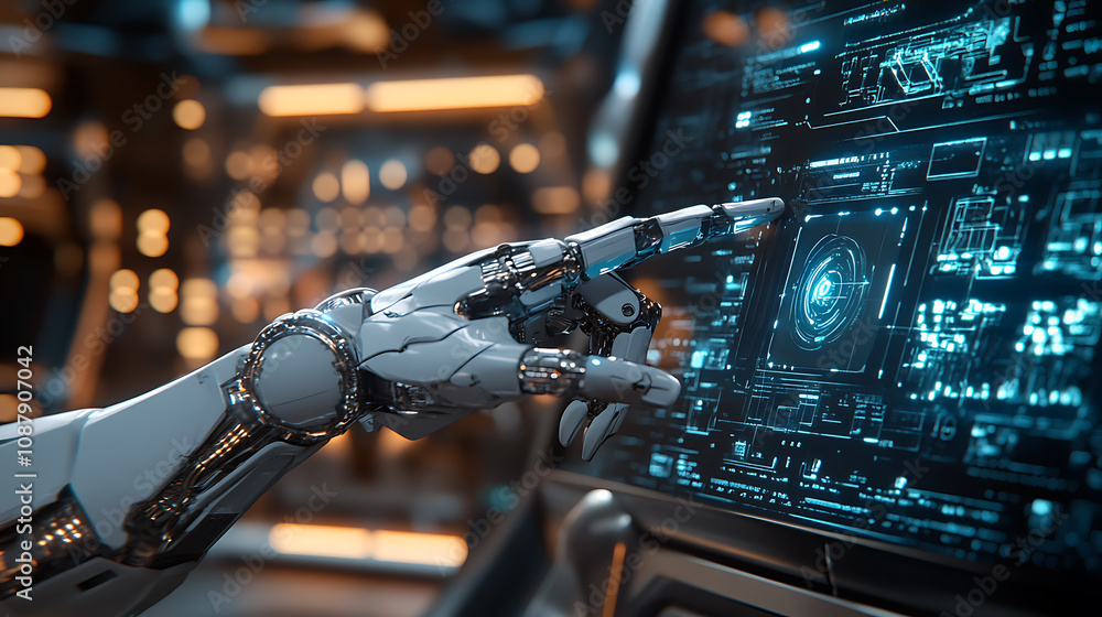 Poster A mechanical robot arm interacts with a virtual holographic interface, pressing a button, highlighting a futuristic artificial intelligence design concept