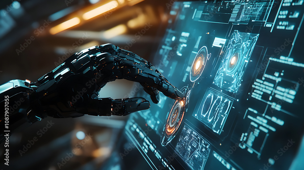 Poster A mechanical robot arm interacts with a virtual holographic interface, pressing a button, highlighting a futuristic artificial intelligence design concept