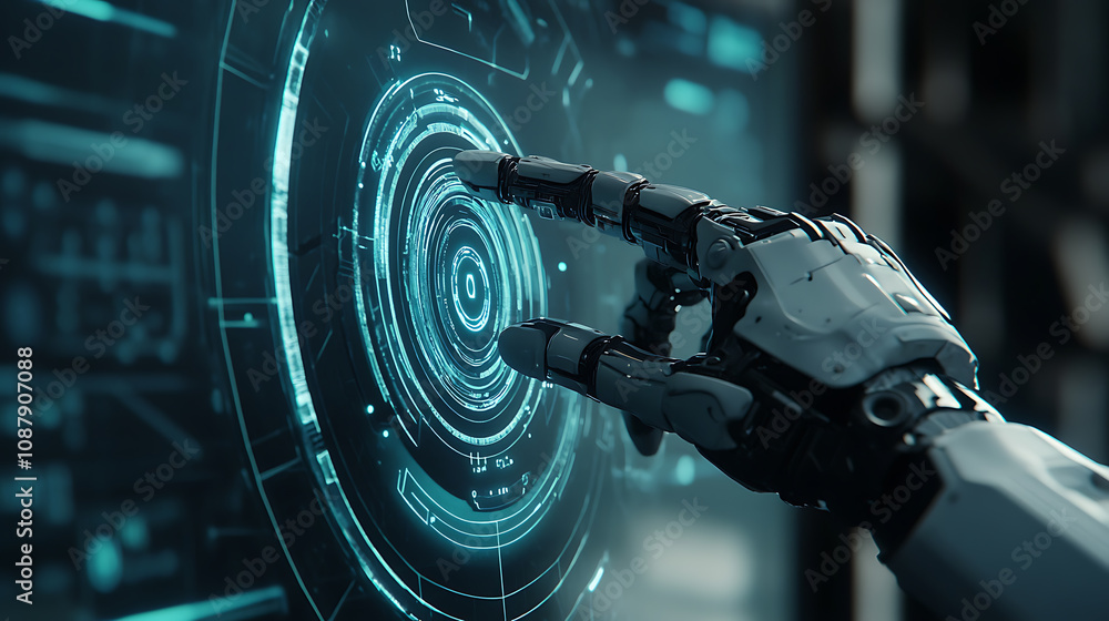 Poster a mechanical robot arm interacts with a virtual holographic interface, pressing a button, highlighti