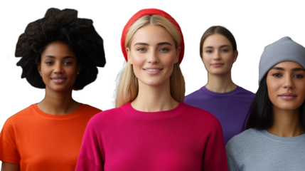 Diverse group of women smiling in colorful clothing on transparent background