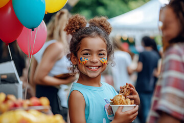 Candid scene of a multicultural family at an outdoor festival, kids in face paint holding balloons, parents enjoying street food from different cuisines.