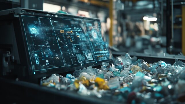 A computer monitor displays data in a factory. The screen is illuminated with blue and green light, showing text and charts. - Powered by Adobe