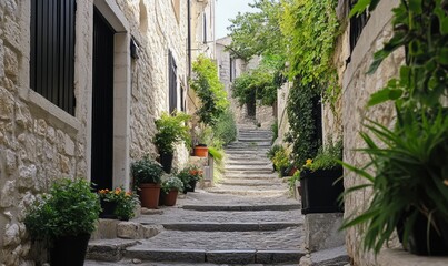 Narrow cobblestone street in a historic, picturesque village with stone buildings, black doors, potted plants, and greenery climbing up stairs