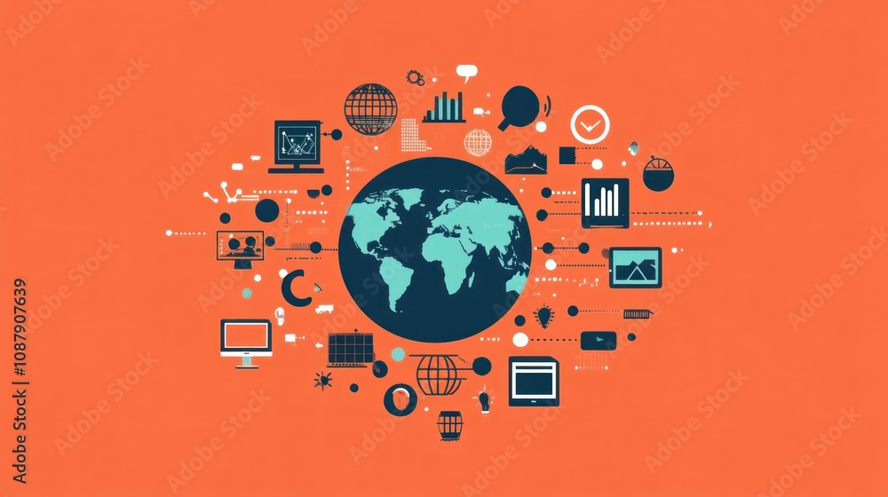 Poster a stylized world map with various icons representing the interconnectedness of global business, tech