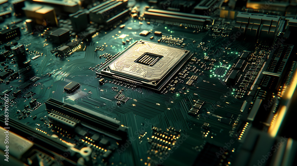 Fototapete A close-up view of a high-performance GPU (Graphics Processing Unit) chip with intricate circuitry on a green motherboard, showcasing technology used for gaming and computing