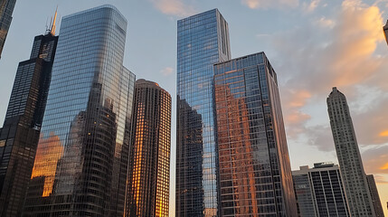 Obraz premium A photograph of modern glass skyscraper buildings in downtown Chicago, golden hour, with reflections on the windows