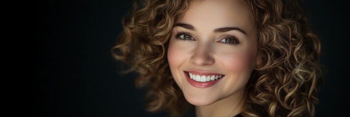 Obraz premium Happy woman with curly hair bright smile warmth and natural beauty confident portrait