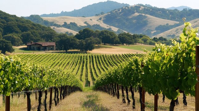 Vineyard Landscape with Hills and House