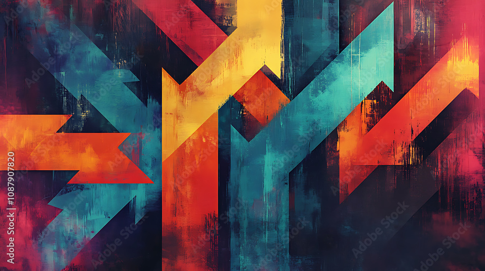 Poster A dynamic and colorful illustration of multiple arrows pointing in various directions, symbolizing strategic choices, decision-making processes, and diverse options in a conceptual and stylized manner