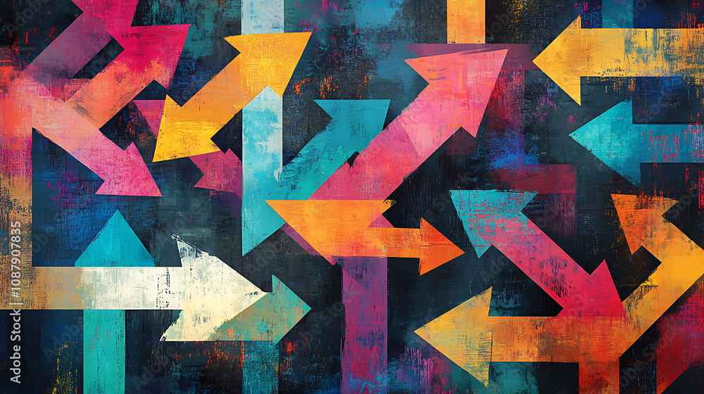 Poster A dynamic and colorful illustration of multiple arrows pointing in various directions, symbolizing strategic choices, decision-making processes, and diverse options in a conceptual and stylized manner