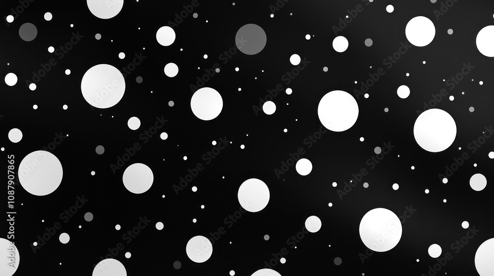 Poster abstract black background with white and grey polka dots of different sizes.