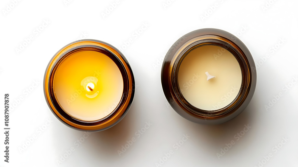 Poster A pair of distinct candles: a soy wax candle in an amber glass jar and a cream-colored tea light, presented as decorative items on a white background in a top-down, flat-lay view