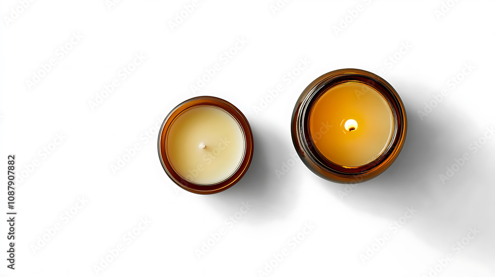 Poster a pair of distinct candles: a soy wax candle in an amber glass jar and a cream-colored tea light, pr