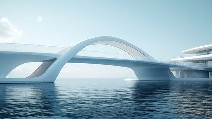 Futuristic white bridge over calm ocean.