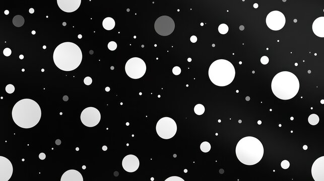 Abstract black background with white and grey polka dots of different sizes.