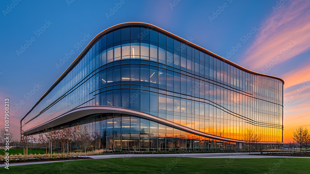 Poster A sleek, curved glass building with reflective surfaces and modern architecture against the backdrop of an open blue sky at sunset