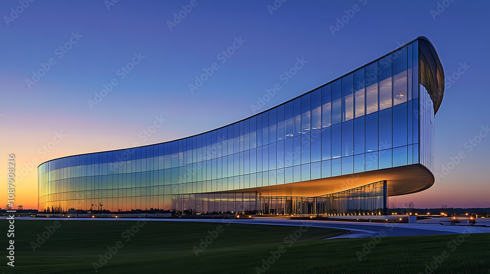 Poster A sleek, curved glass building with reflective surfaces and modern architecture against the backdrop of an open blue sky at sunset