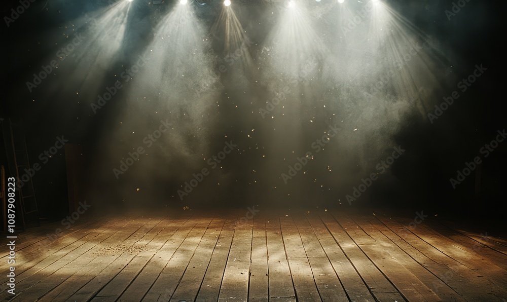 Poster a wooden stage with dramatic lighting from spotlights shines from above, creating a moody atmosphere