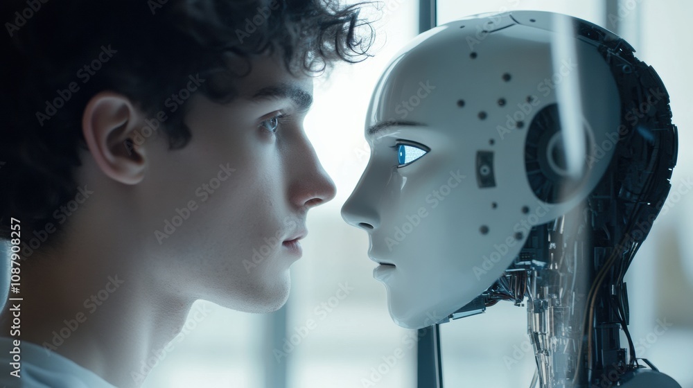 Poster a human examines their reflection in a digital mirror that displays a humanoid robot, highlighting t