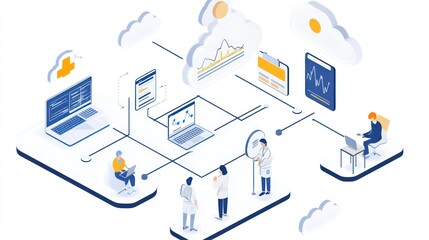 An illustration of a connected network with a team of doctors discussing data on a cloud computing platform.