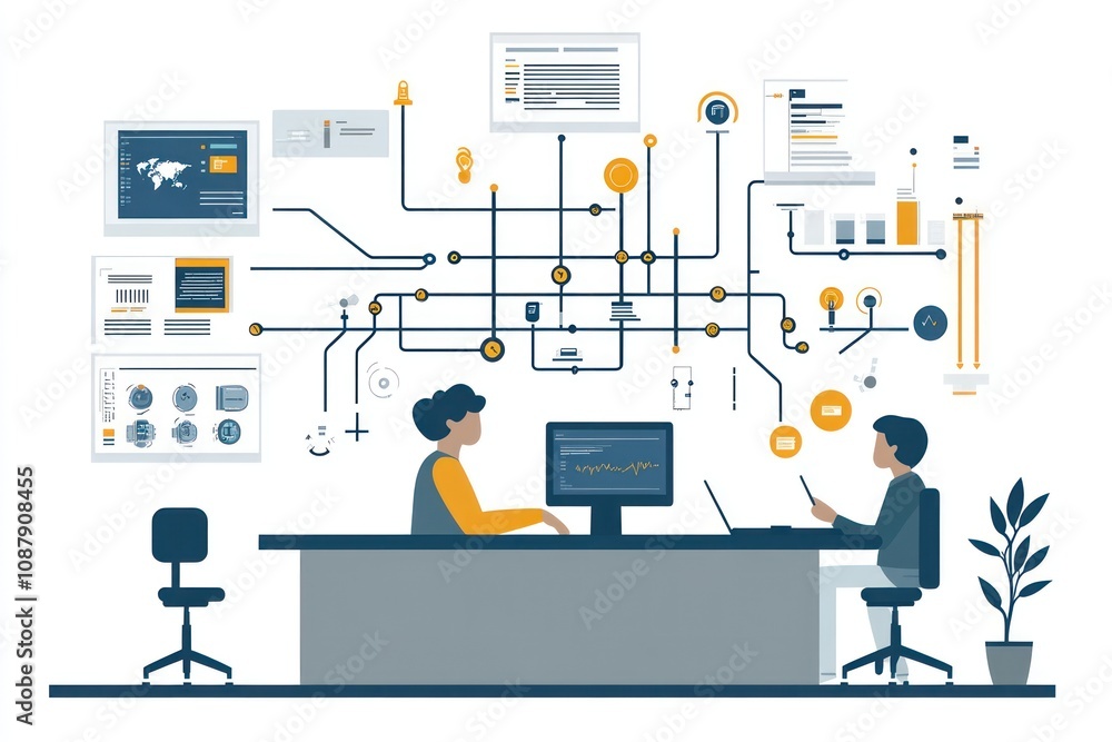 Poster two colleagues collaborating on a project, surrounded by data and information, in an office setting.