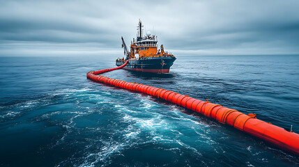 An offshore vessel engaged in an oil spill response exercise, using a boom floating barrier to contain the oil