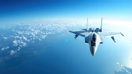 Naklejka premium Aerial View of Modern Jet Fighter Soaring in Clear Blue Sky