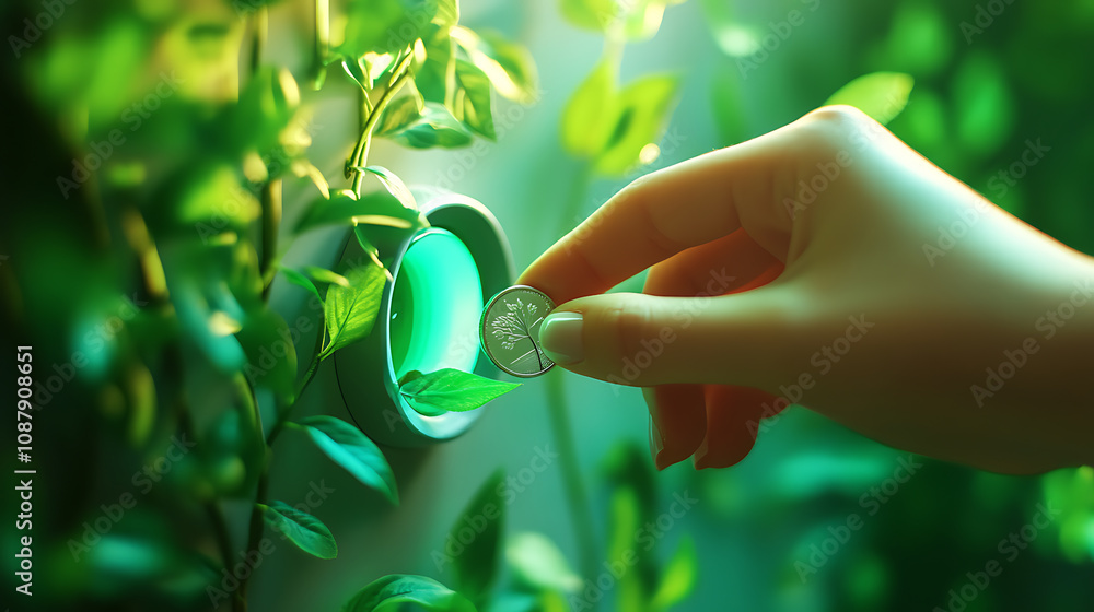 Poster concept of green investing, where a hand is shown inserting a coin into a slot within an abstract, e