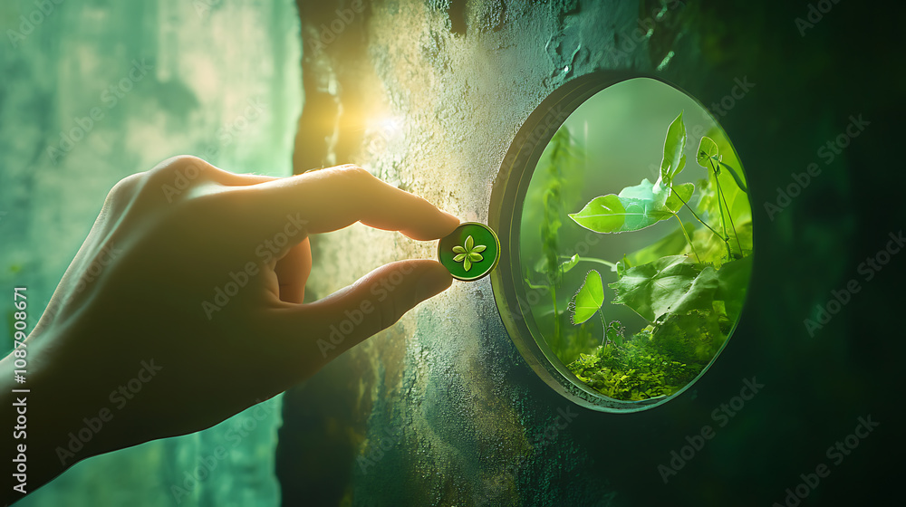 Poster concept of green investing, where a hand is shown inserting a coin into a slot within an abstract, e