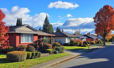 Residential neighborhood with single-story houses, manicured lawns, and a quiet street lined with bushes and trees during autumn
