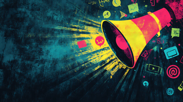 A vibrant graphic illustrating the concept of inbound marketing, featuring icons representing social media platforms and a megaphone for announcements