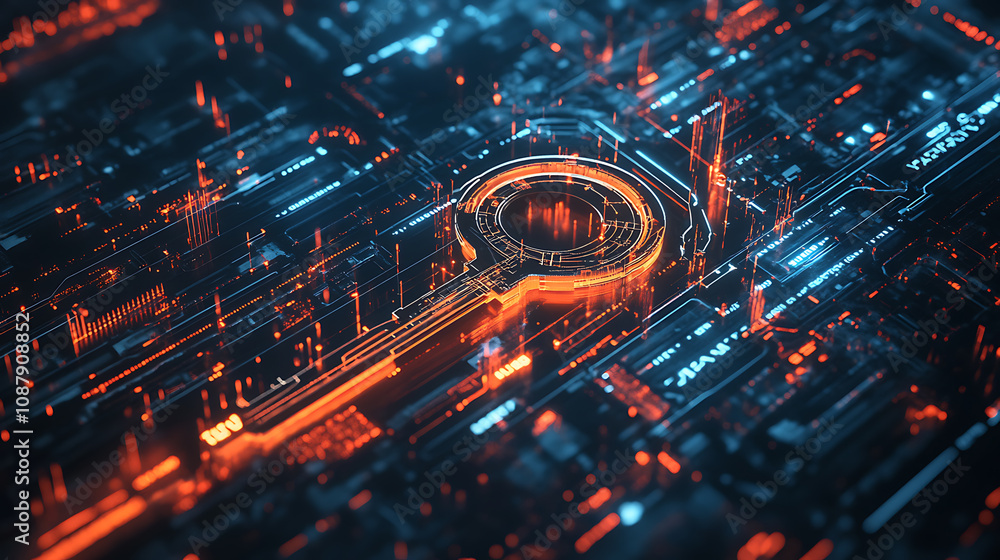 Aufkleber A visual representation of cybersecurity concept featuring a metallic key surrounded by digital elements, symbolizing the unlocking of secure data in a cyber environment