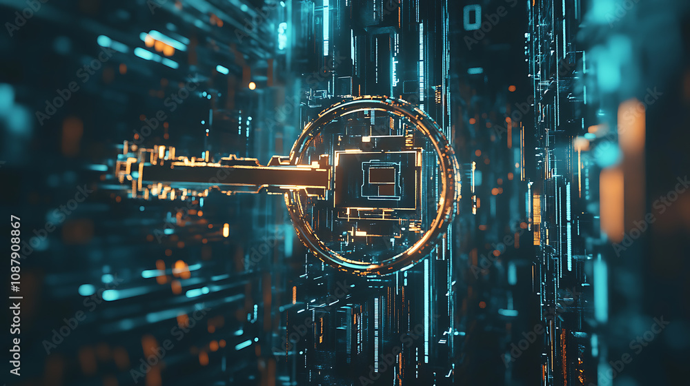 Poster A visual representation of cybersecurity concept featuring a metallic key surrounded by digital elements, symbolizing the unlocking of secure data in a cyber environment