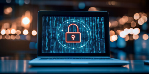 Digital security concept with glowing lock on laptop screen