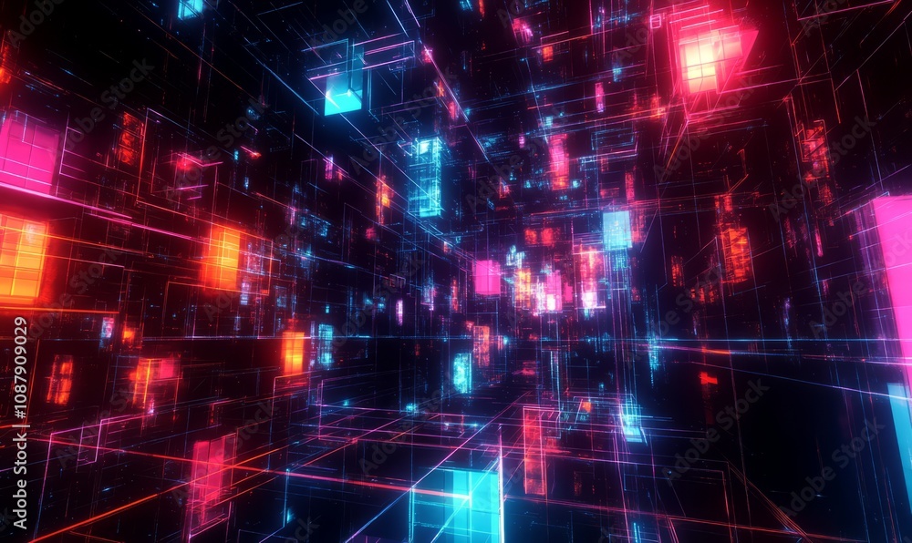 Poster abstract digital network with glowing cubes and lines