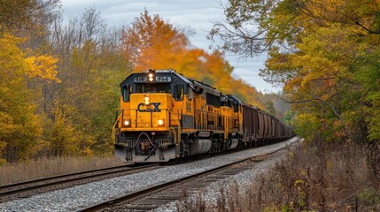 Autumnal Railway Journey: A CSX Freight Train Chugs Through Vibrant Fall Foliage