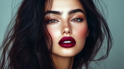 Fototapeta premium A portrait of a stunning young woman with vibrant maroon makeup. She has rich brunette hair and bold cherry red lipstick. Her long black hair frames her face, adding to her striking appearance. 