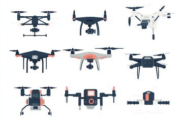 Set of nine drone icons in flat design, isolated on white.
