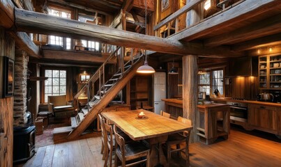 wooden dining table, and a loft area