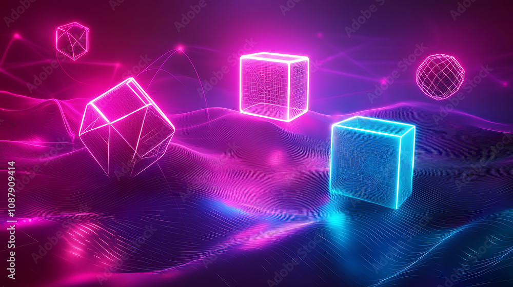 Leinwandbilder abstract, neon-lit 3d mesh objects and shapes set against a wireframe wavy geometric background, rem
