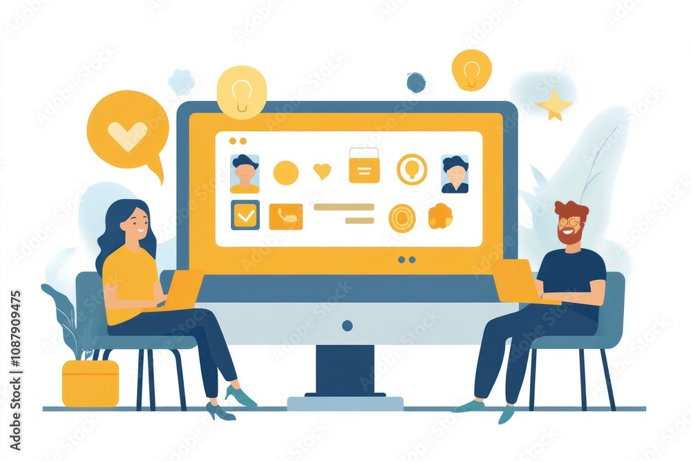 Poster a man and a woman are sitting in front of a computer screen discussing a website or app design.