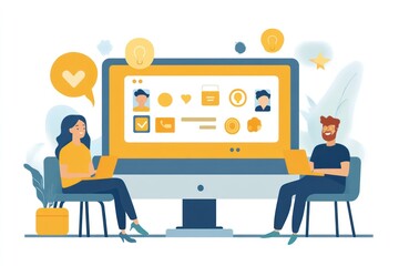 A man and a woman are sitting in front of a computer screen discussing a website or app design.