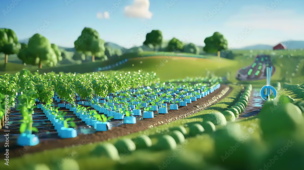 Poster advanced agricultural technology showcasing a precision irrigation system efficiently watering crops